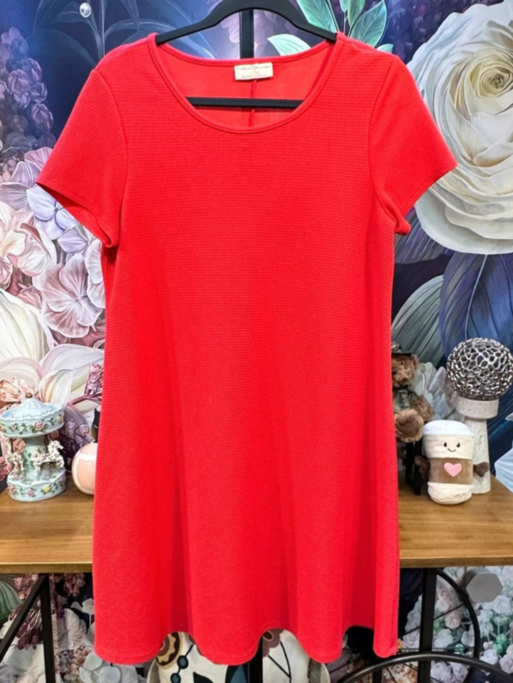 Bobbie Brooks L Shift Dress Stretch Short Sleeve Textured Scoop Neck Coral Red